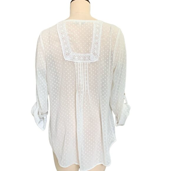 Daniel Rainn White Swiss Dot Embroidered Lace Roll Tab Blouse L #99A - Picture 4 of 5